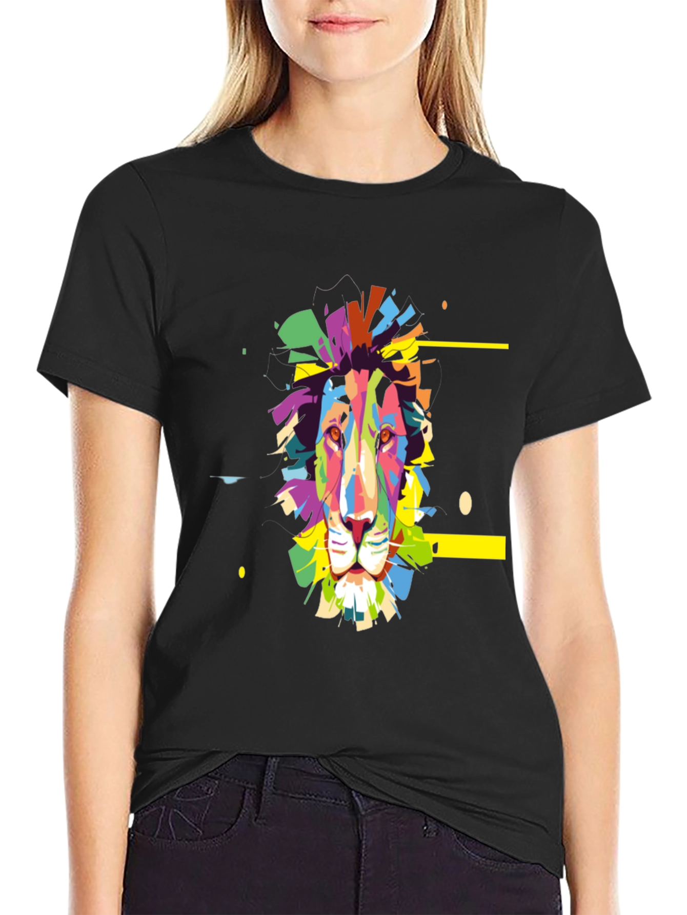 Colorful Lion Graphic Print Tee - Black