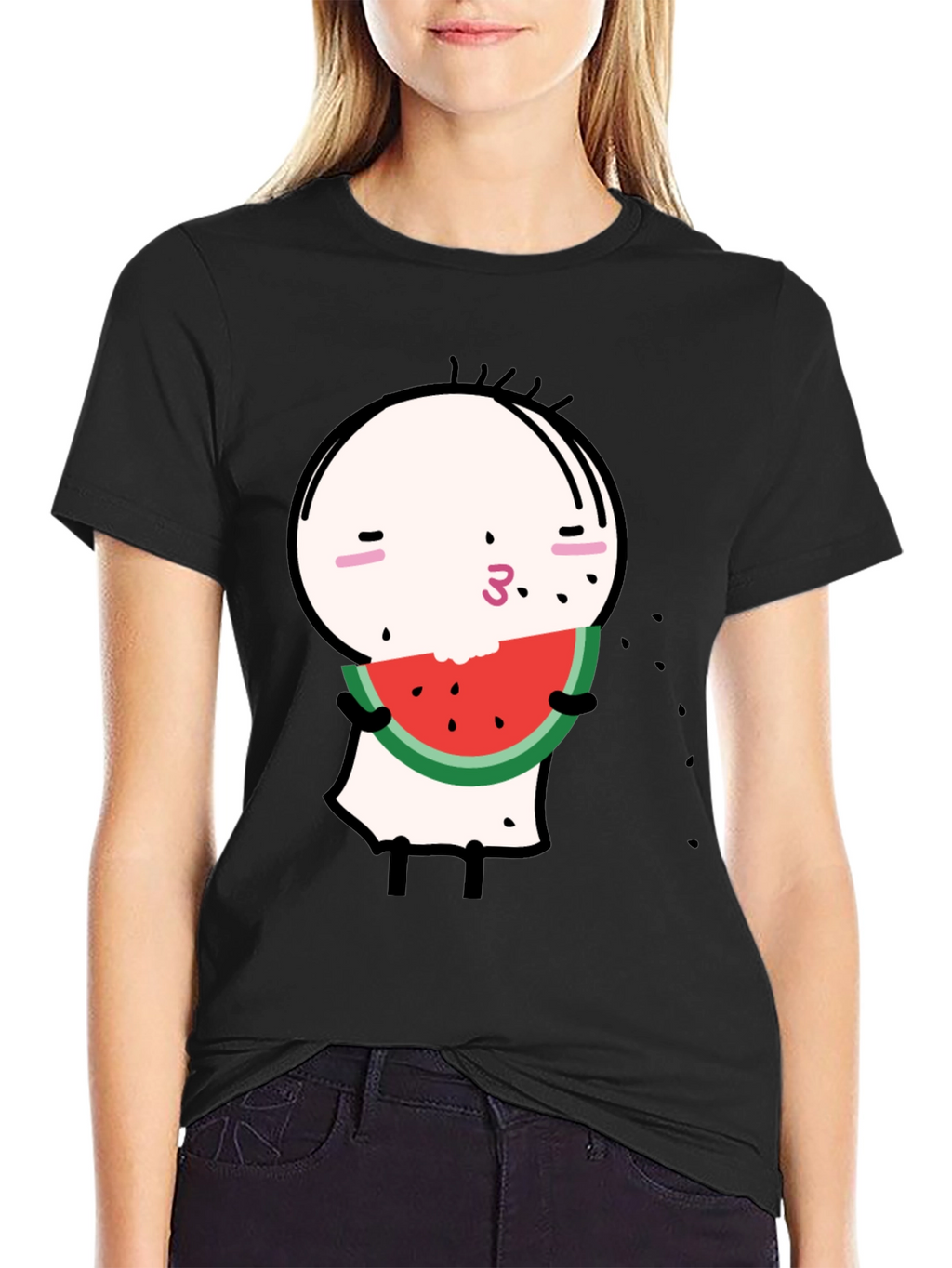 Funny Watermelon Cartoon Graphic Black Tee