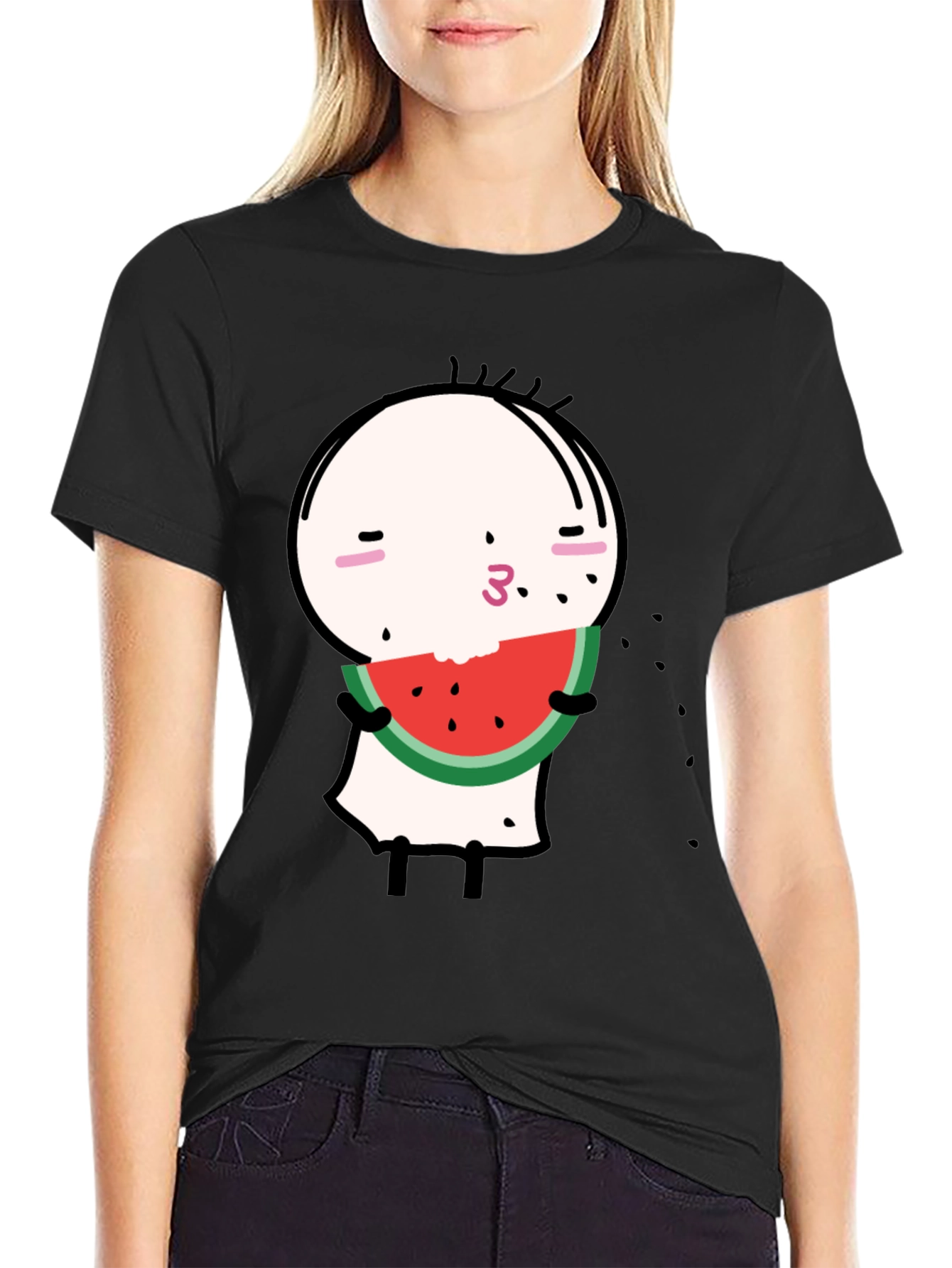 Funny Watermelon Cartoon Graphic Black Tee