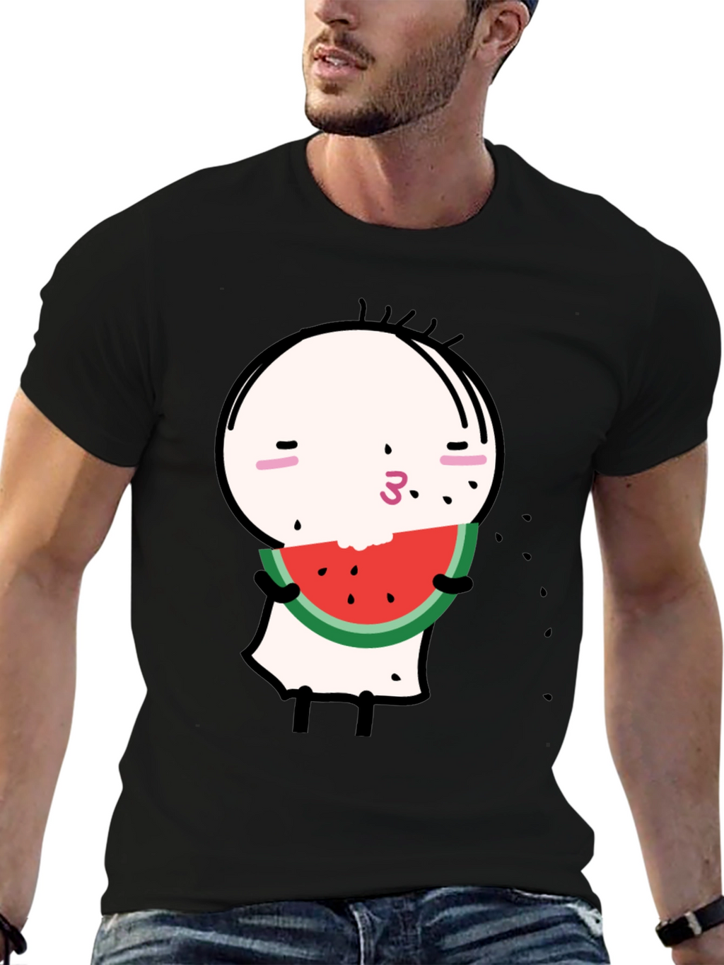 Funny Watermelon Cartoon Graphic Black Tee