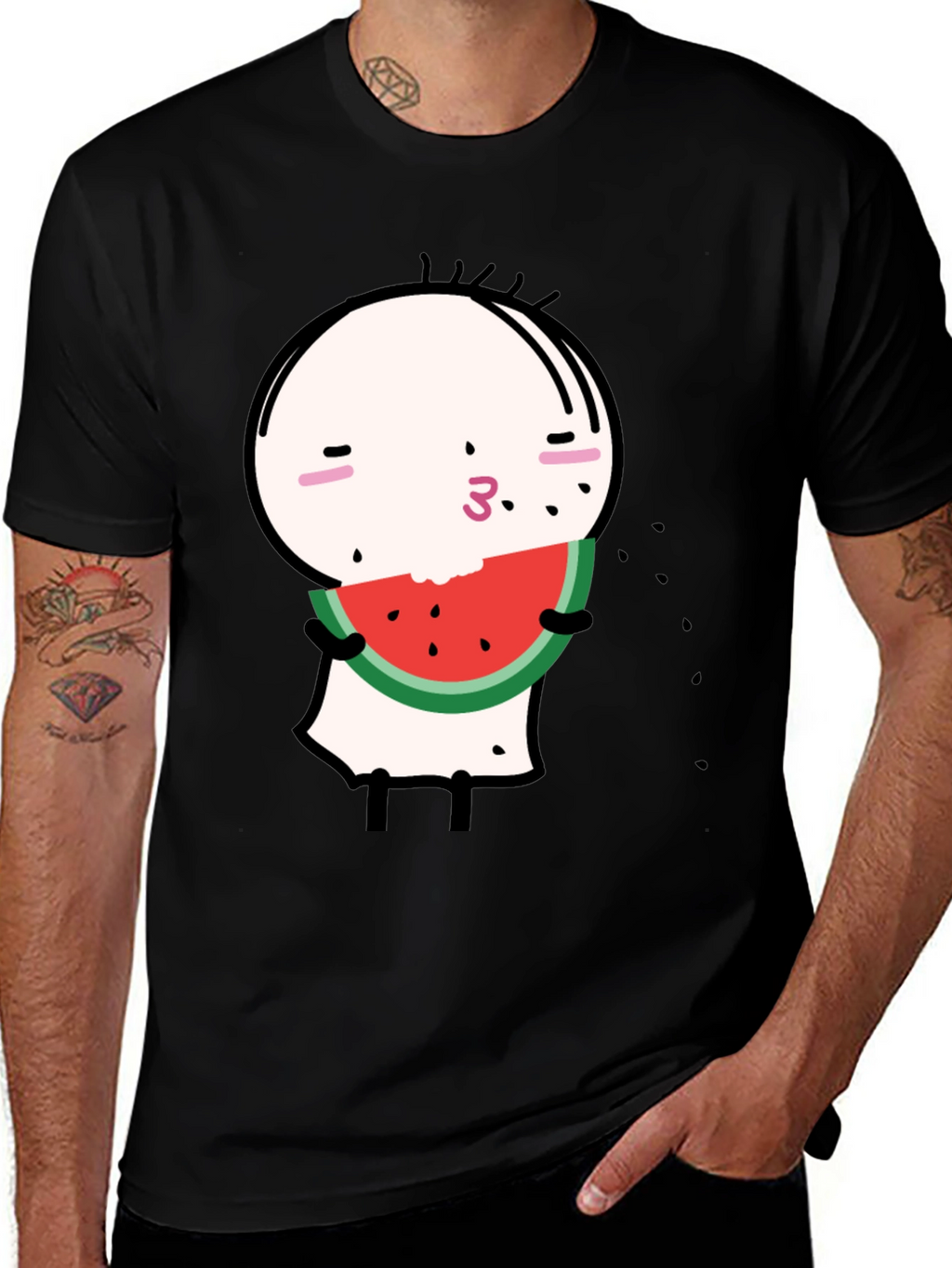 Funny Watermelon Cartoon Graphic Black Tee