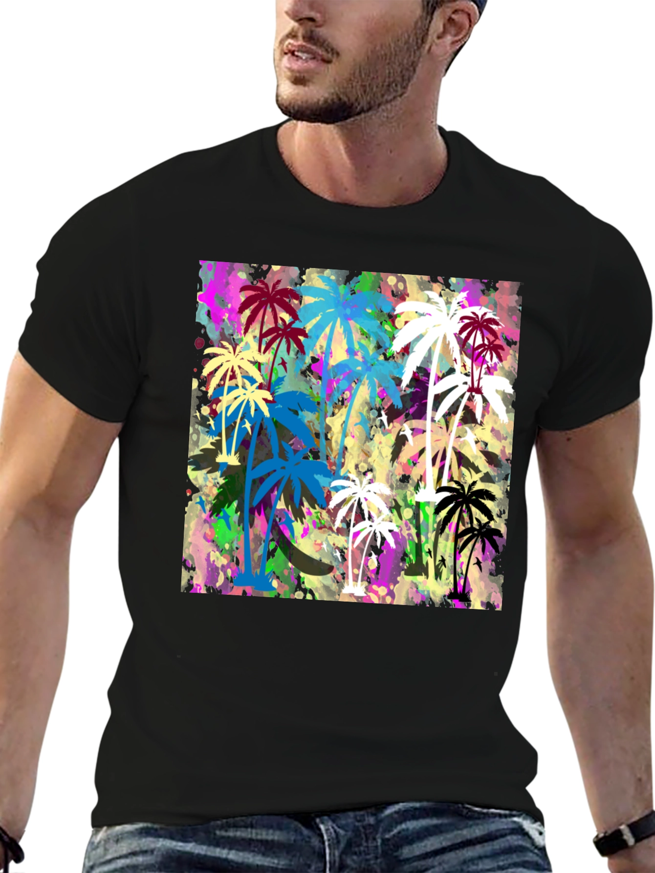 Palm Tree Graphic Print Black T-Shirt