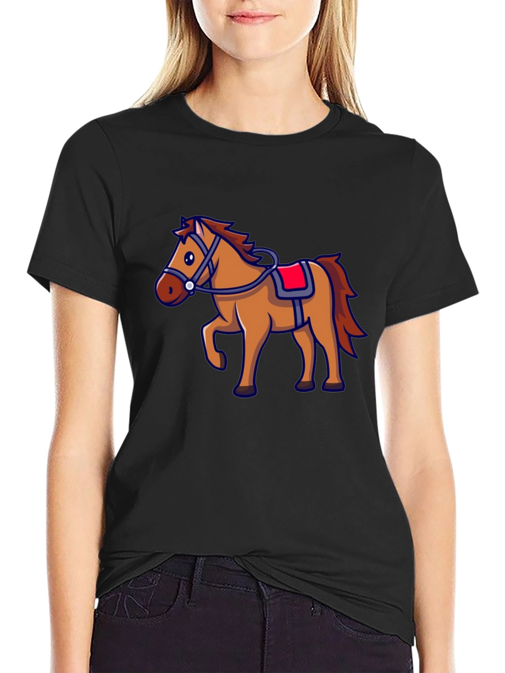 Horse Graphic Black T-Shirt - Cartoon Style