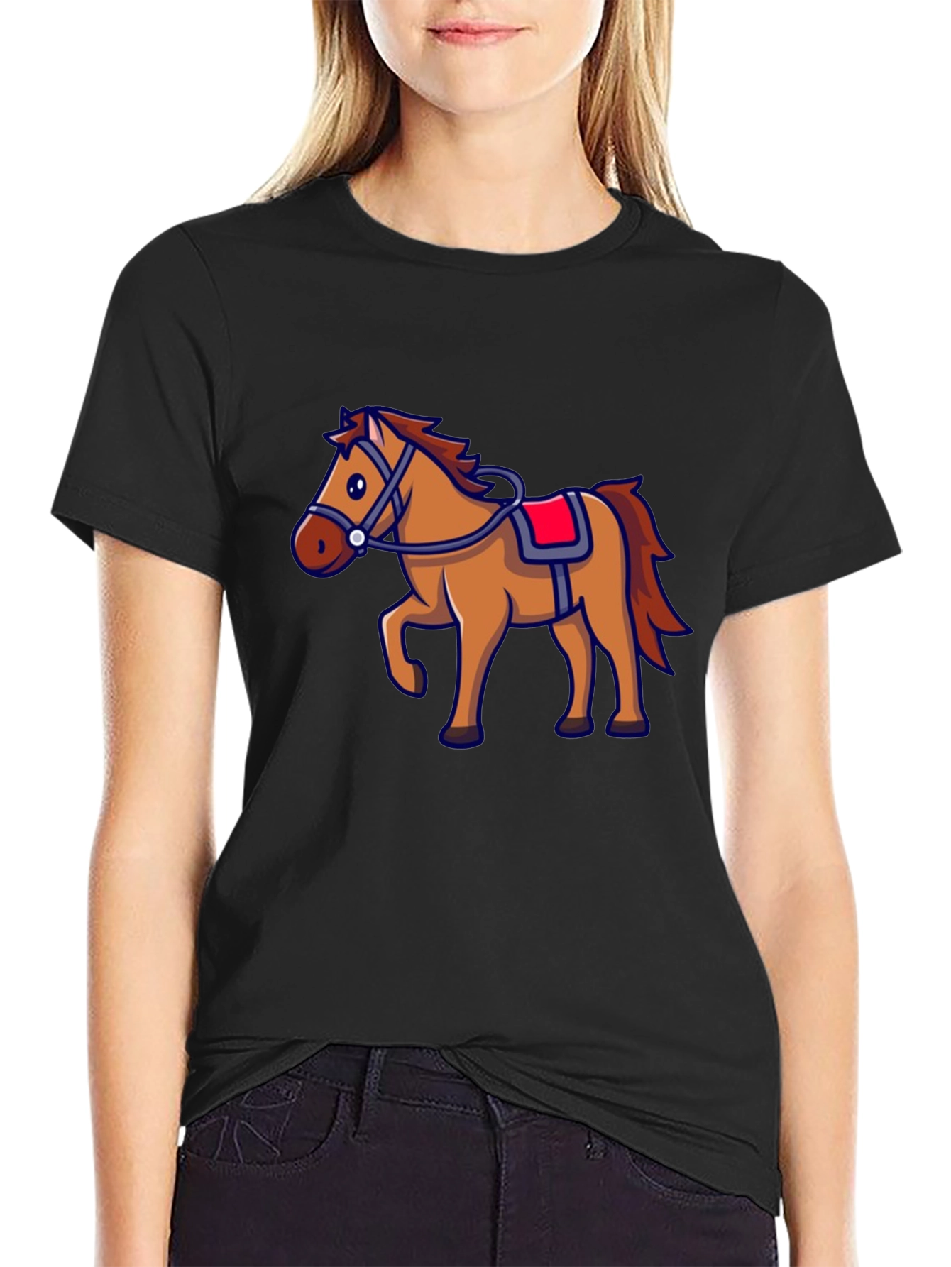 Horse Graphic Black T-Shirt - Cartoon Style