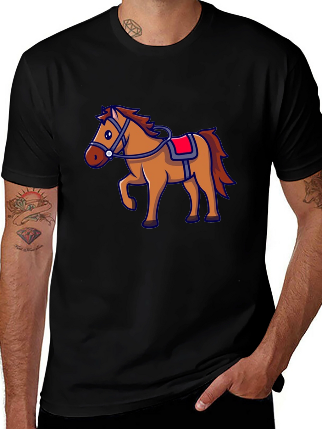 Horse Graphic Black T-Shirt - Cartoon Style