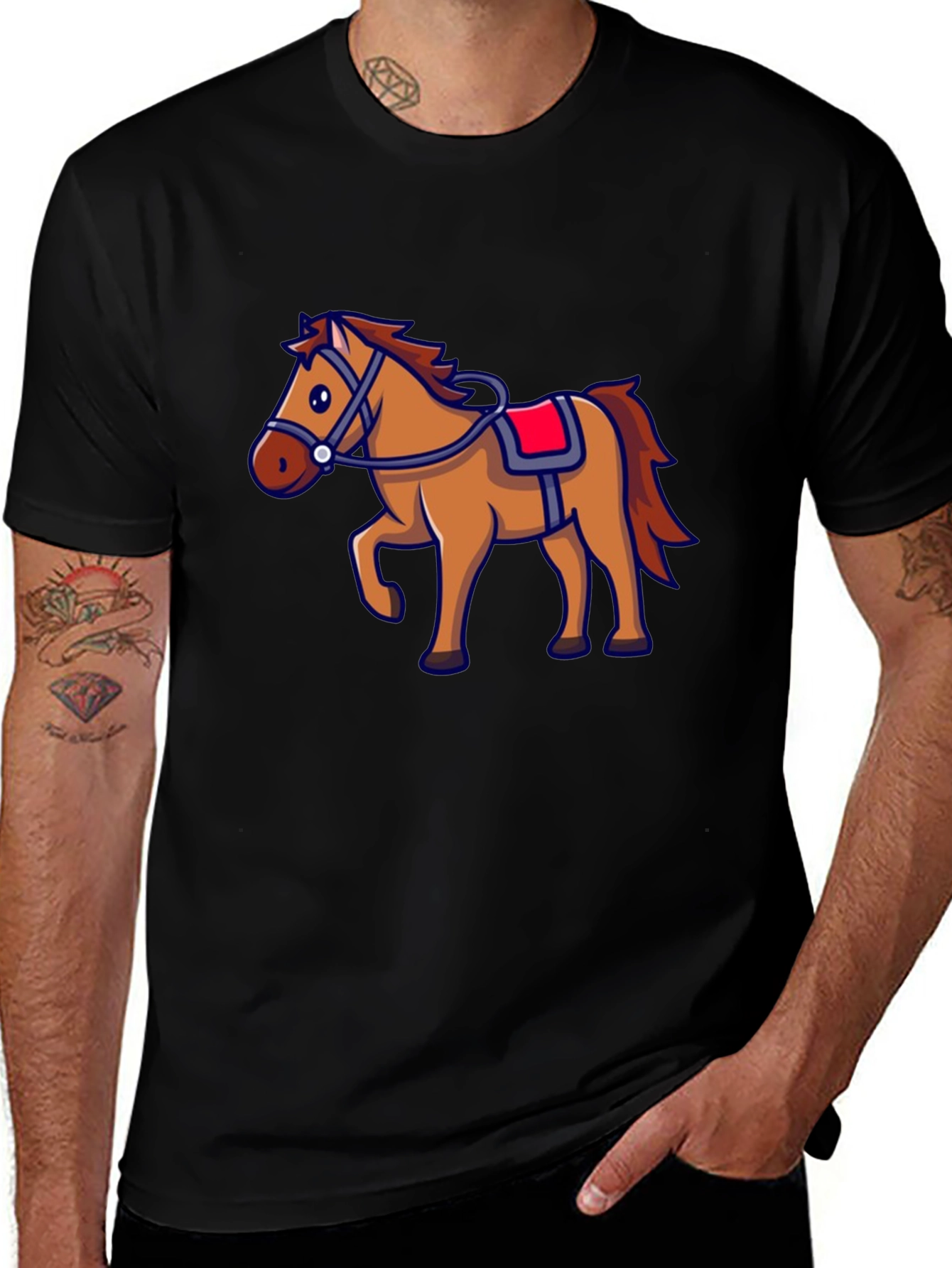 Horse Graphic Black T-Shirt - Cartoon Style