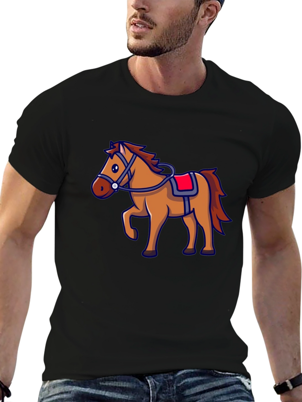 Horse Graphic Black T-Shirt - Cartoon Style