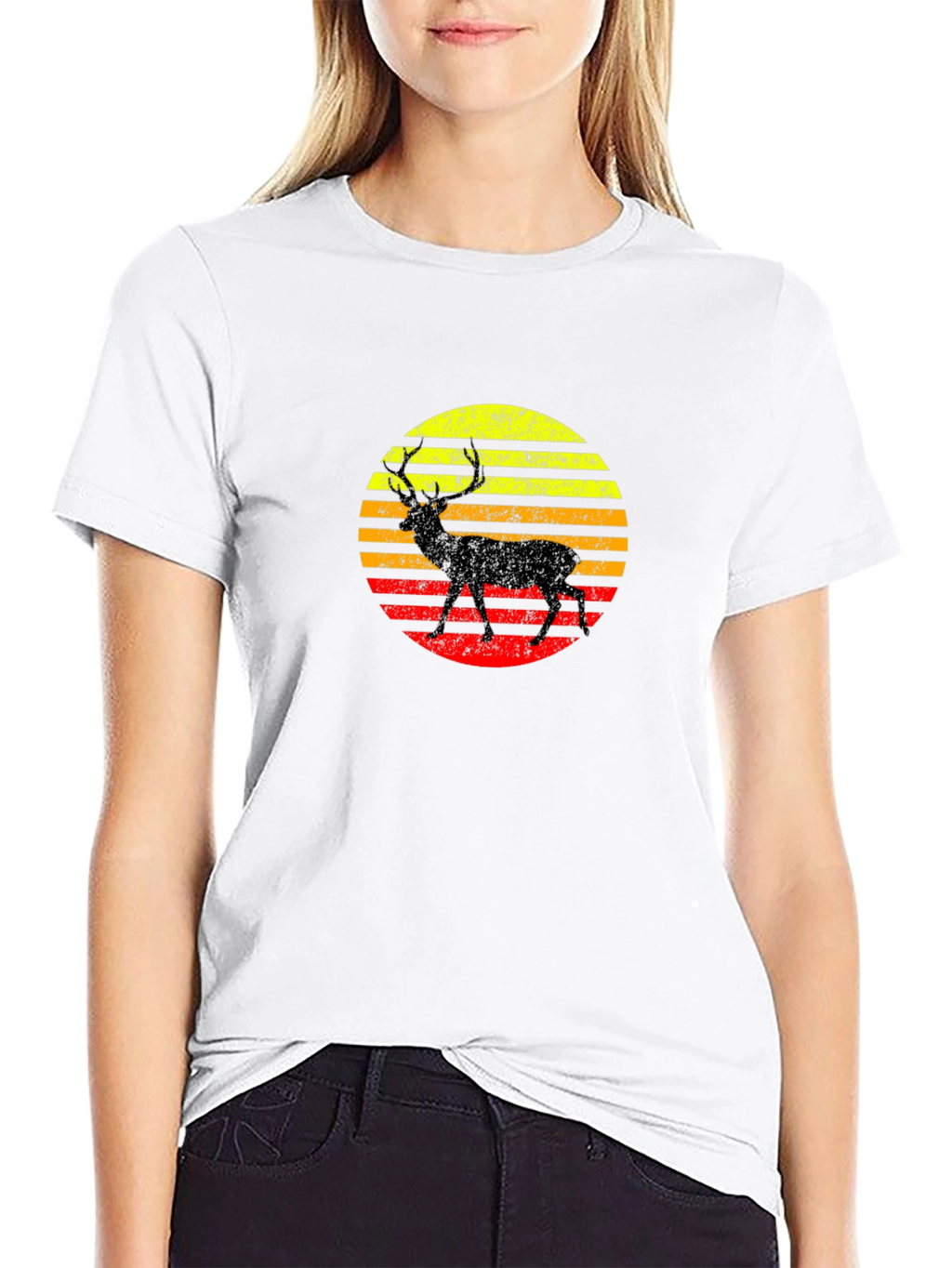 Retro Deer Sunset Black T-Shirt