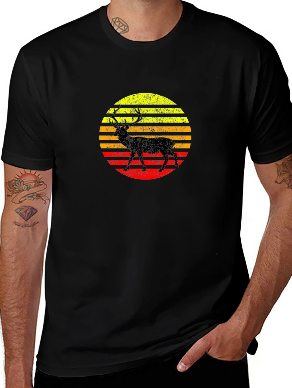 Retro Deer Sunset Black T-Shirt
