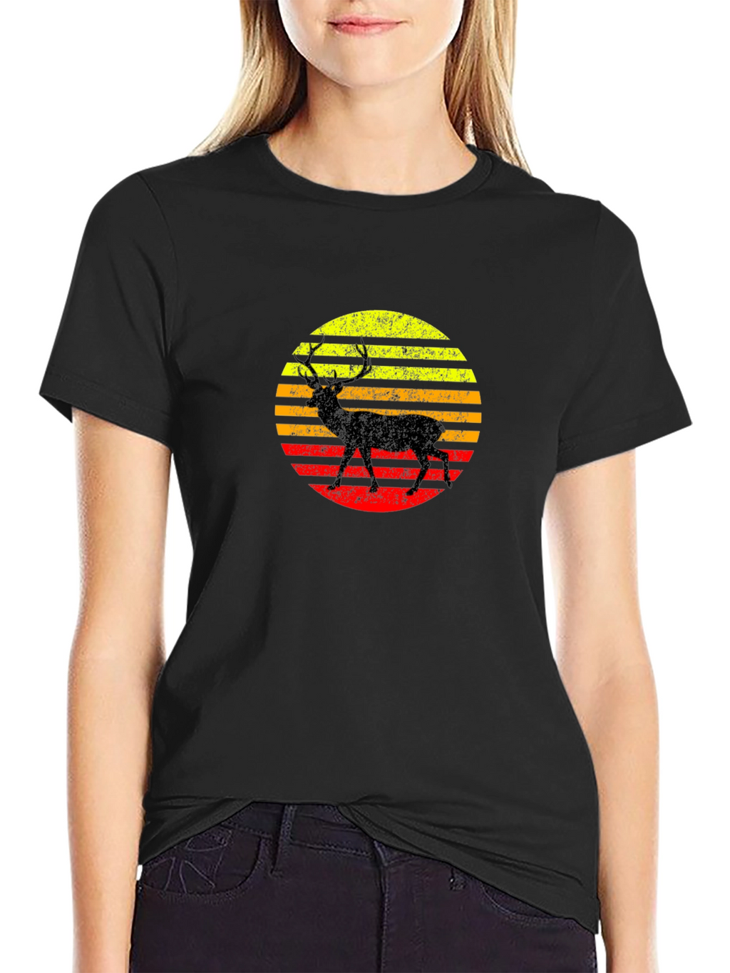 Retro Deer Sunset Black T-Shirt