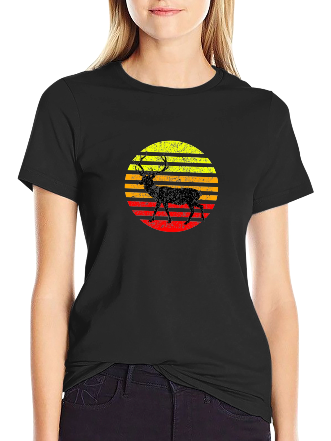 Retro Deer Sunset Black T-Shirt