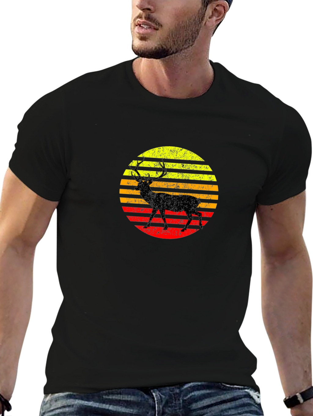 Retro Deer Sunset Black T-Shirt