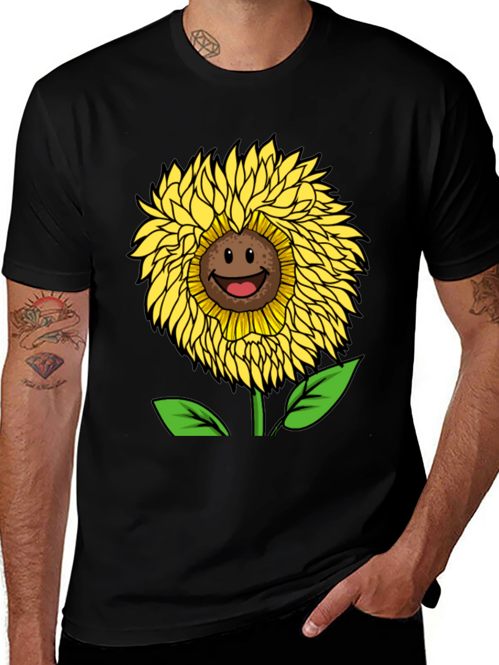 Smiling Sunflower Graphic Tee - Black Cotton Blend