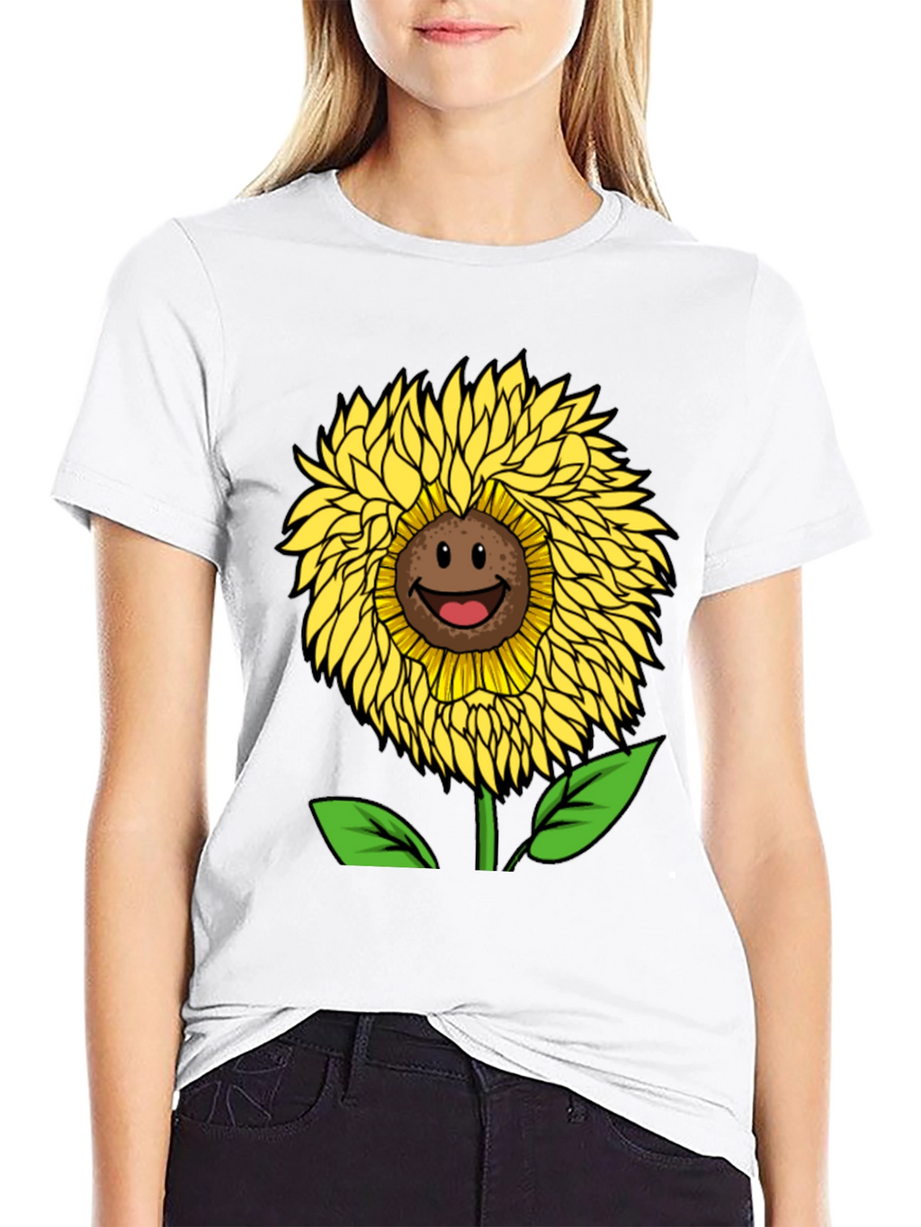 Smiling Sunflower Graphic Tee - Black Cotton Blend