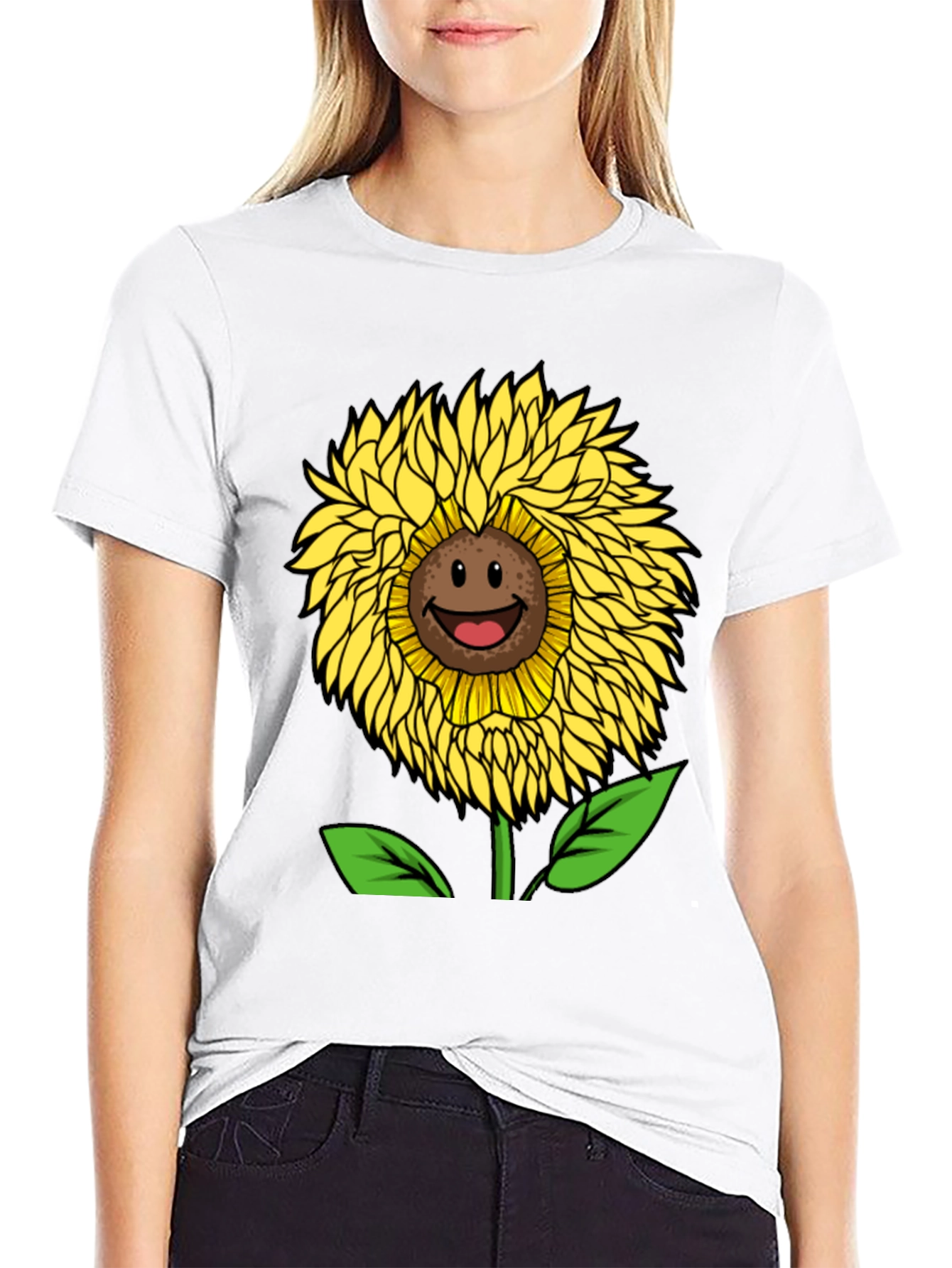 Smiling Sunflower Graphic Tee - Black Cotton Blend