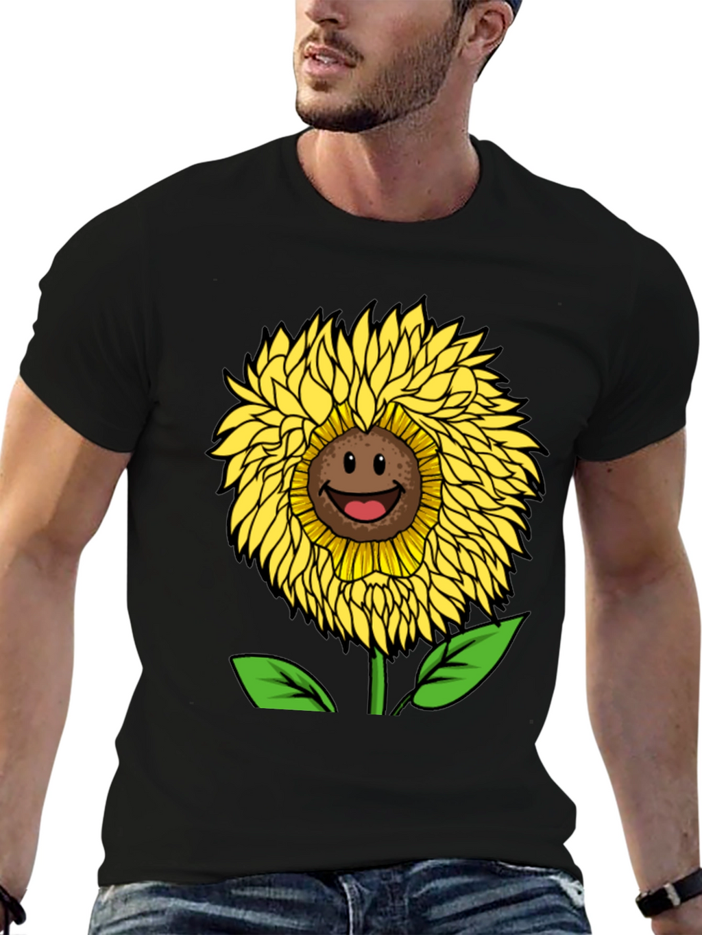 Smiling Sunflower Graphic Tee - Black Cotton Blend