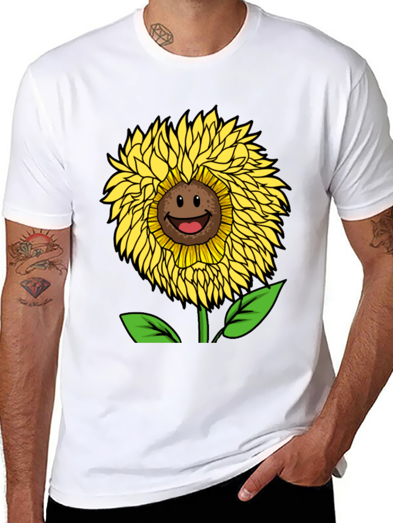 Smiling Sunflower Graphic Tee - Black Cotton Blend