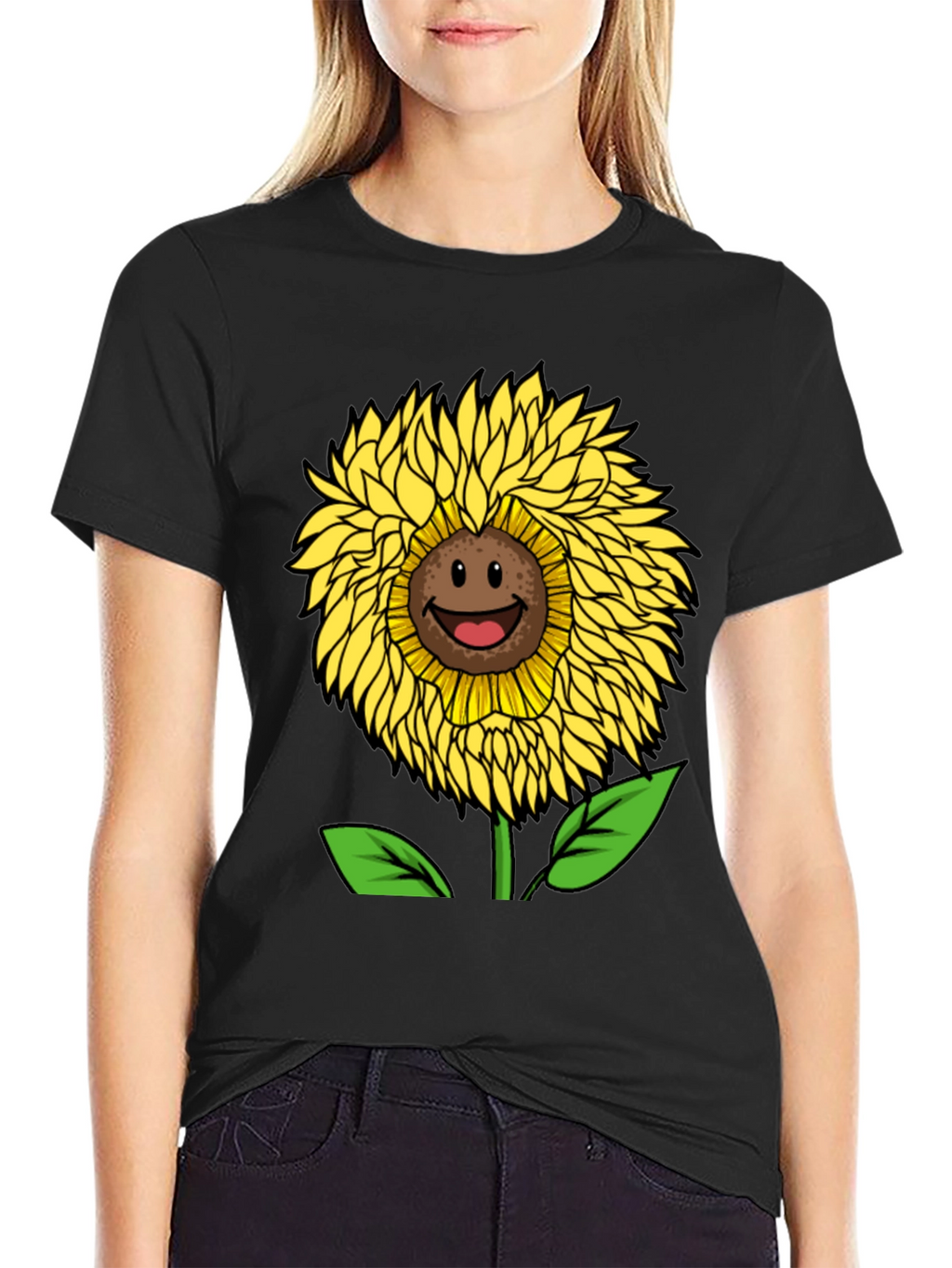 Smiling Sunflower Graphic Tee - Black Cotton Blend