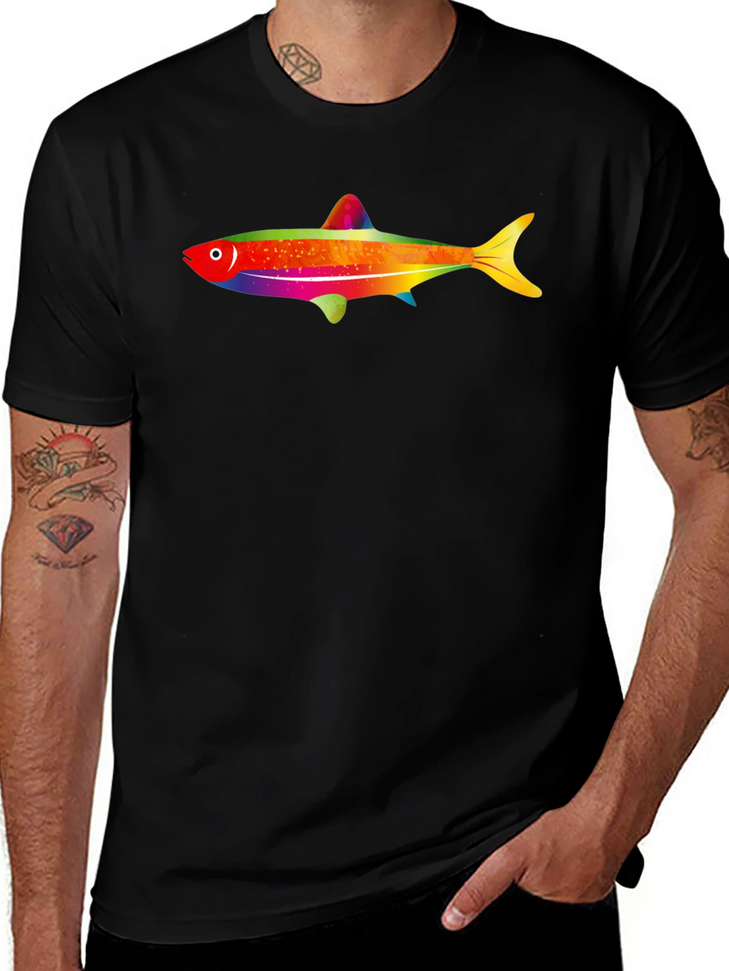 Rainbow Fish Graphic Tee - Mens Black T-Shirt