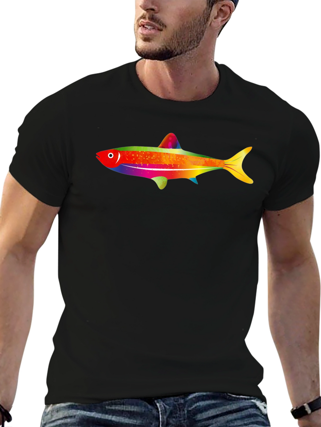 Rainbow Fish Graphic Tee - Mens Black T-Shirt