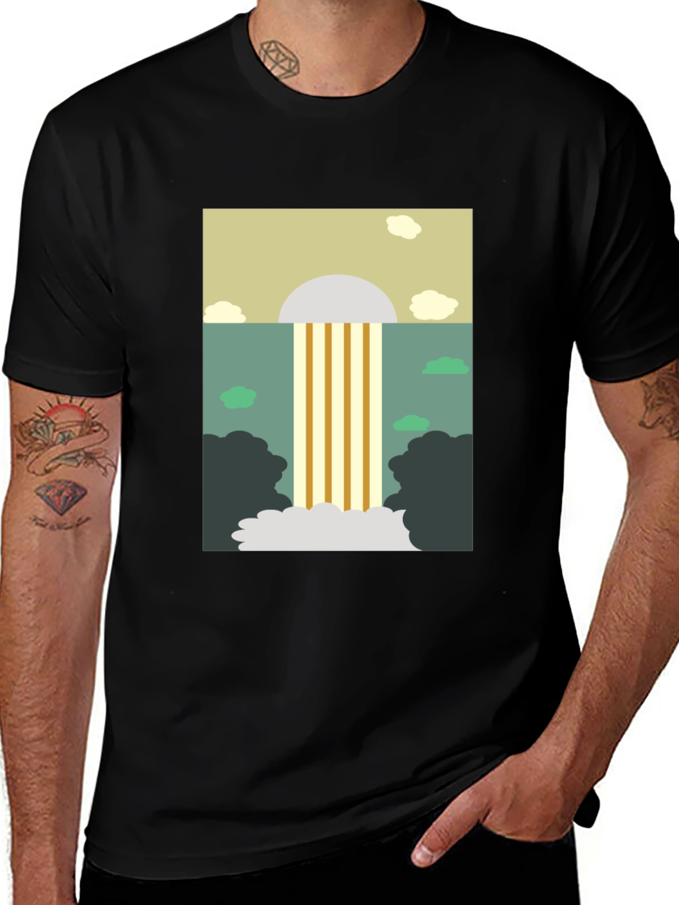 Abstract Waterfall Graphic Tee - Stylish Mens Black T-Shirt