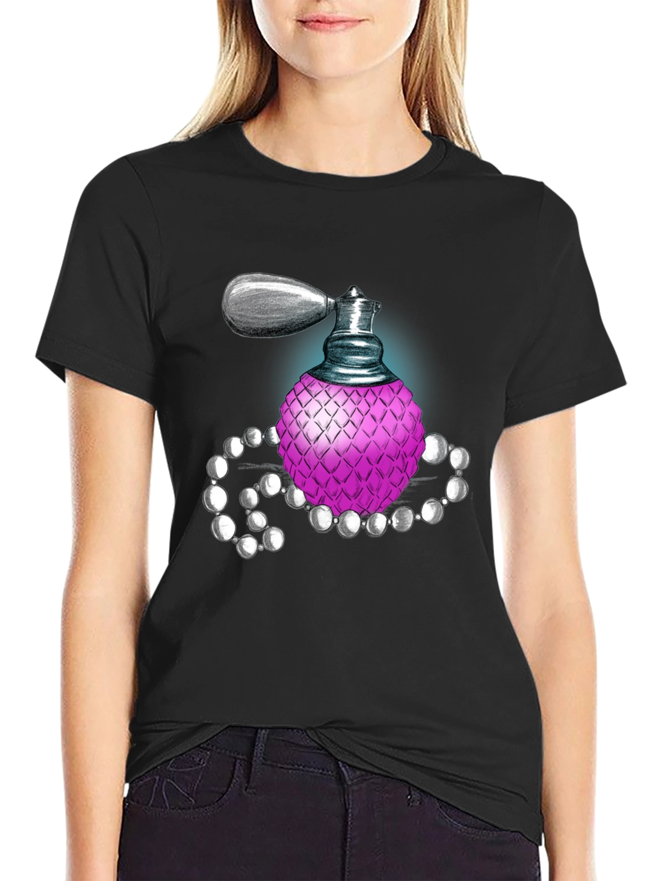 Perfume Bottle Graphic Tee - Black Cotton Blend