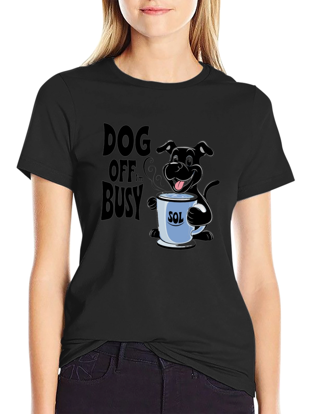 Dog Off Im Busy Black T-Shirt with Coffee Cup