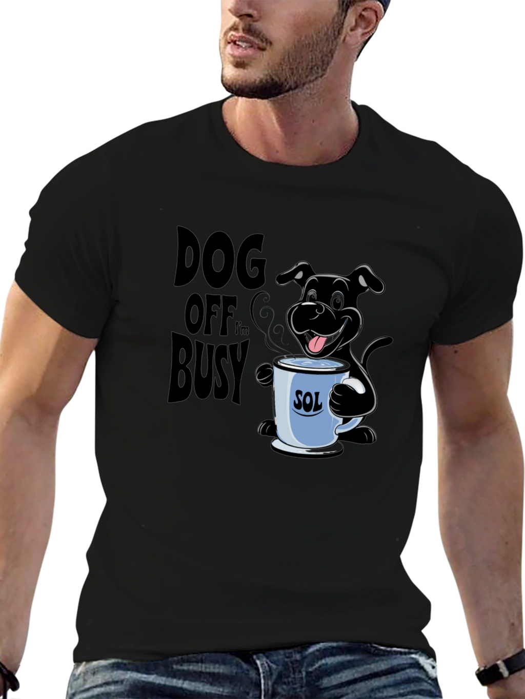 Dog Off Im Busy Black T-Shirt with Coffee Cup