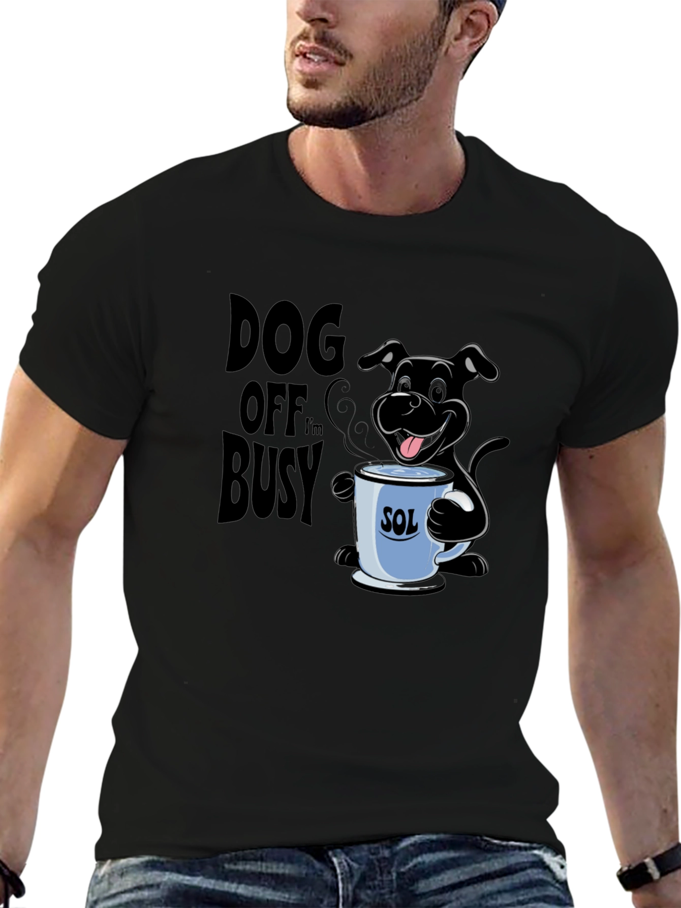 Dog Off Im Busy Black T-Shirt with Coffee Cup