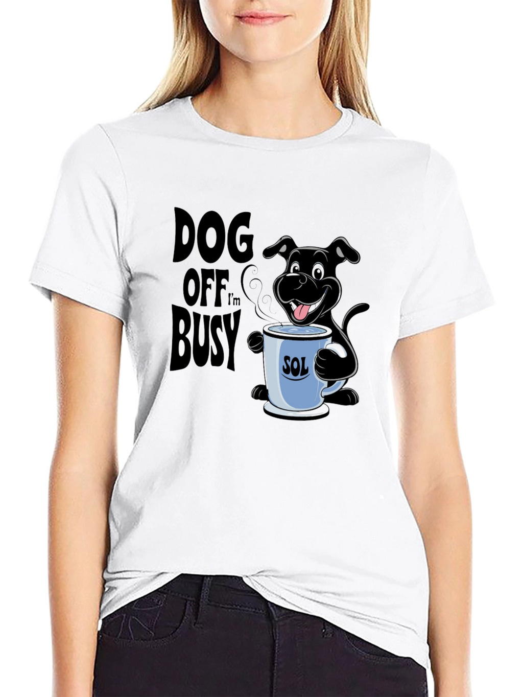Dog Off Im Busy Black T-Shirt with Coffee Cup