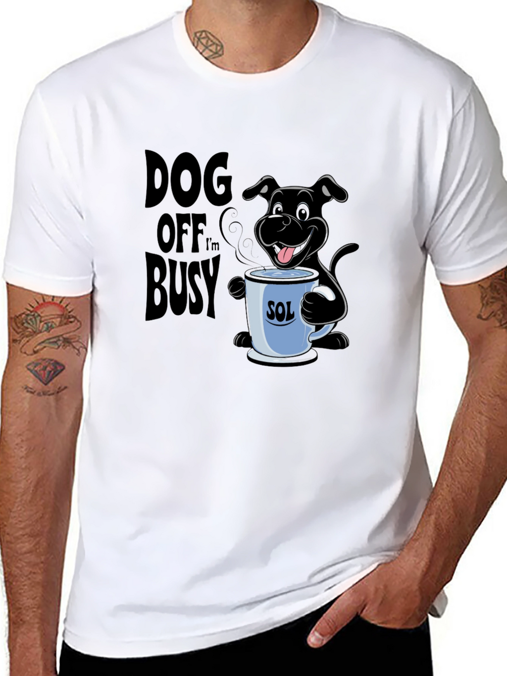 Dog Off Im Busy Black T-Shirt with Coffee Cup