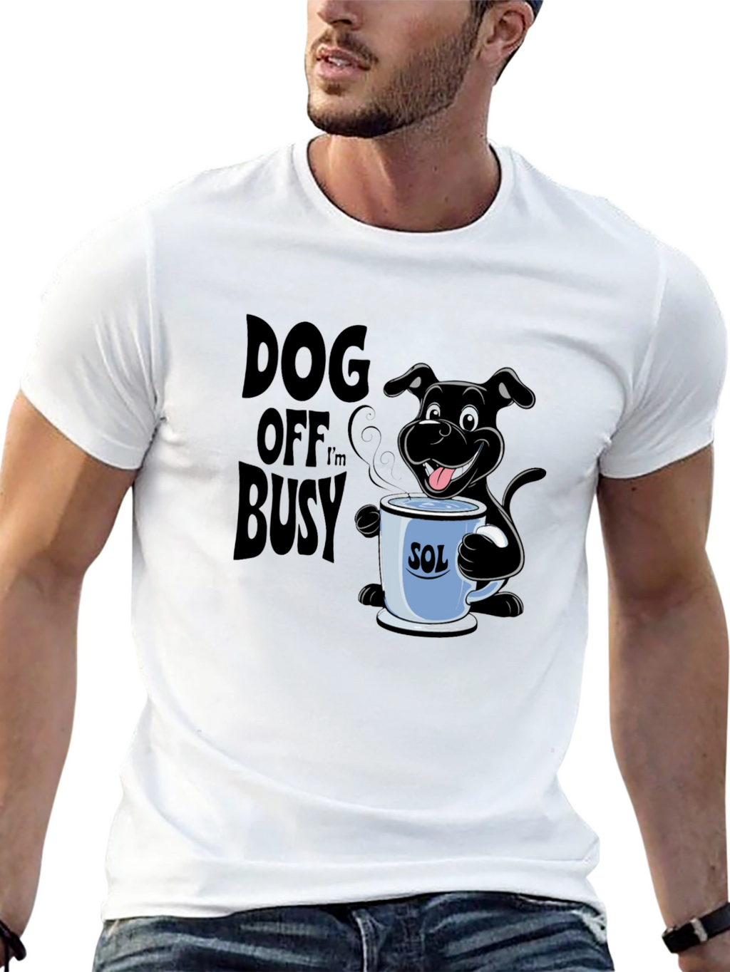 Dog Off Im Busy Black T-Shirt with Coffee Cup