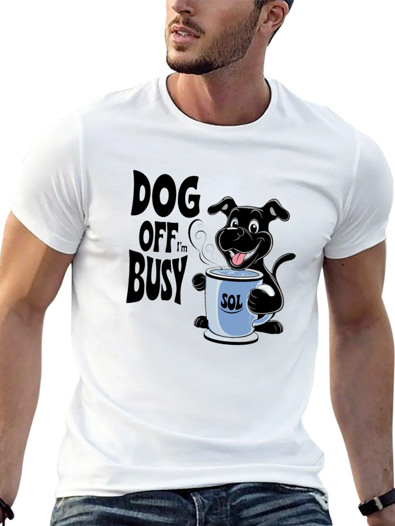 Dog Off Im Busy Black T-Shirt with Coffee Cup