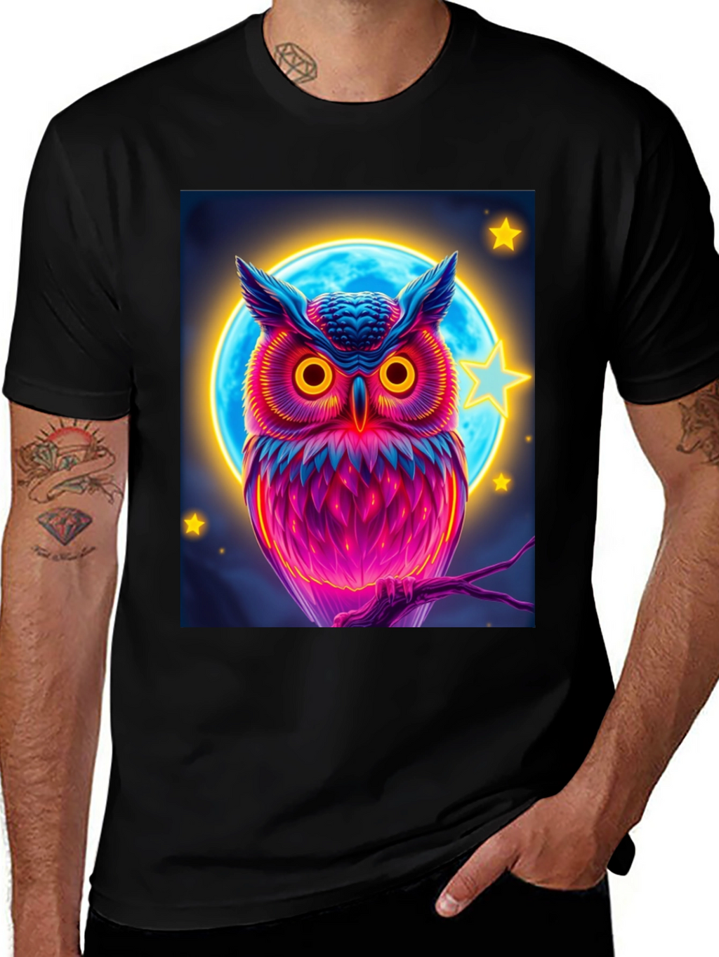 Neon Owl Graphic Tee - Stylish Mens Black T-Shirt