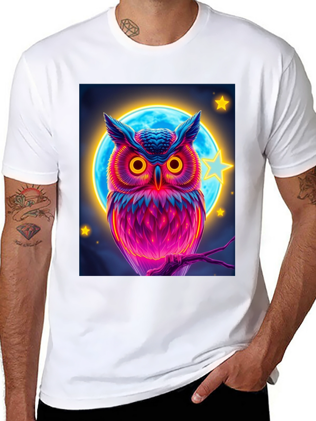 Neon Owl Graphic Tee - Stylish Mens Black T-Shirt