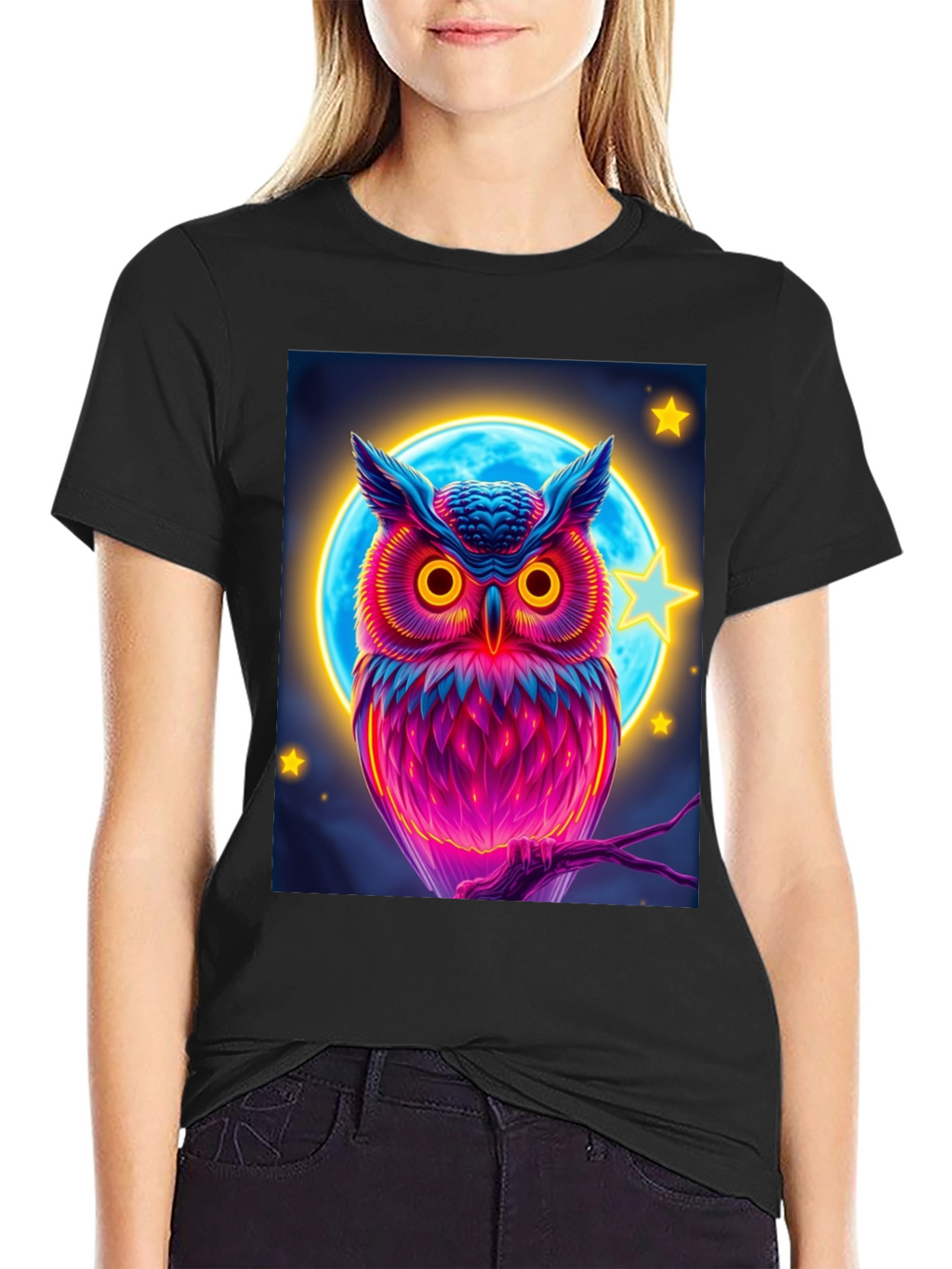 Neon Owl Graphic Tee - Stylish Mens Black T-Shirt