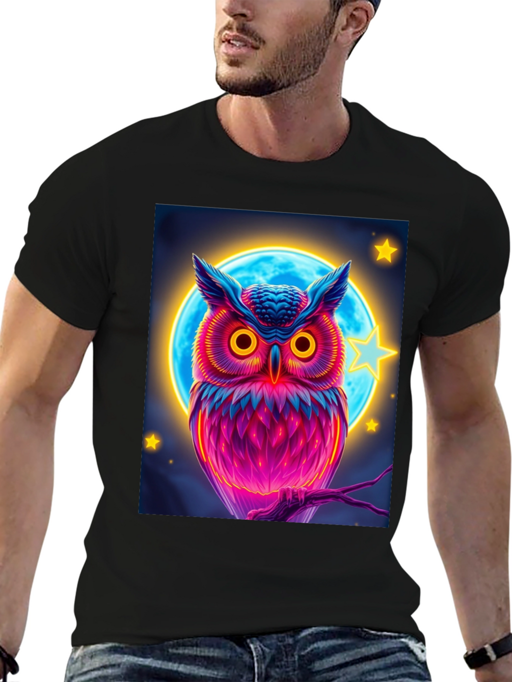 Neon Owl Graphic Tee - Stylish Mens Black T-Shirt