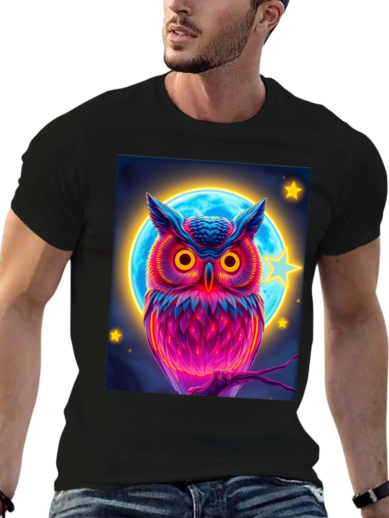 Neon Owl Graphic Tee - Stylish Mens Black T-Shirt