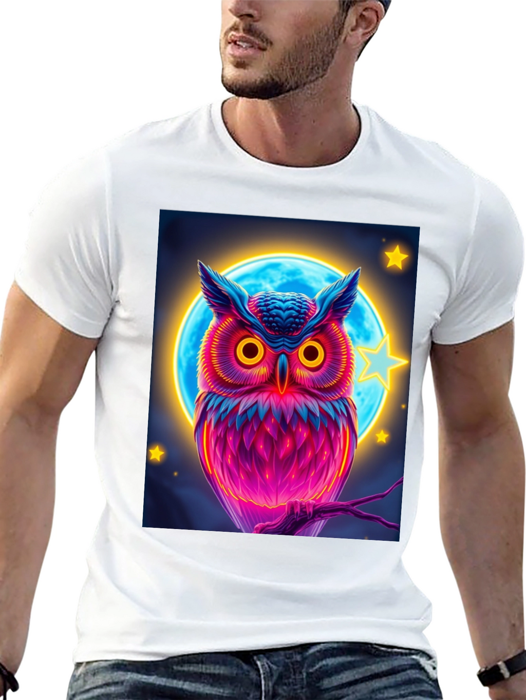Neon Owl Graphic Tee - Stylish Mens Black T-Shirt