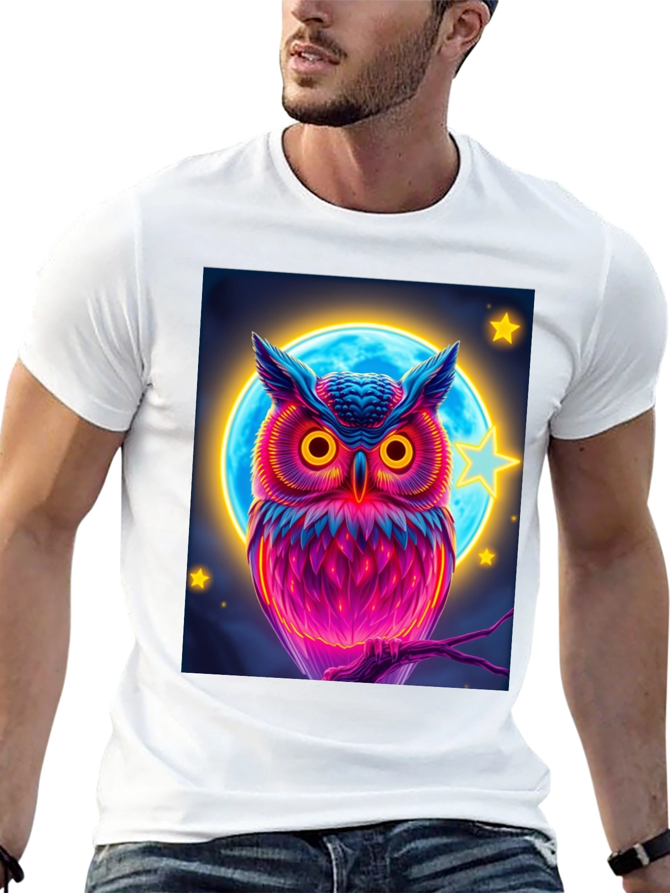 Neon Owl Graphic Tee - Stylish Mens Black T-Shirt