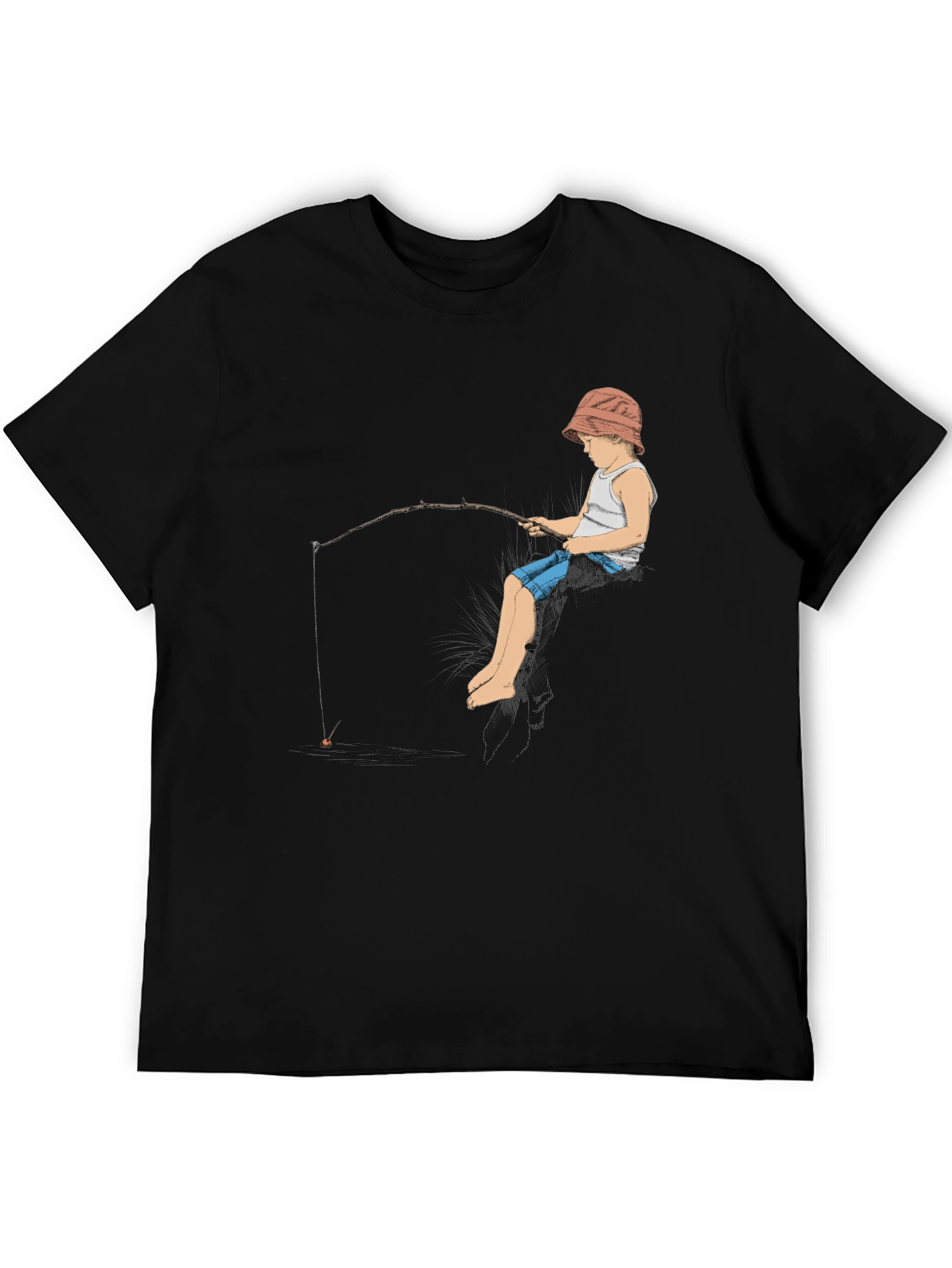 Boy Fishing Graphic Tee - Black Cotton T-Shirt