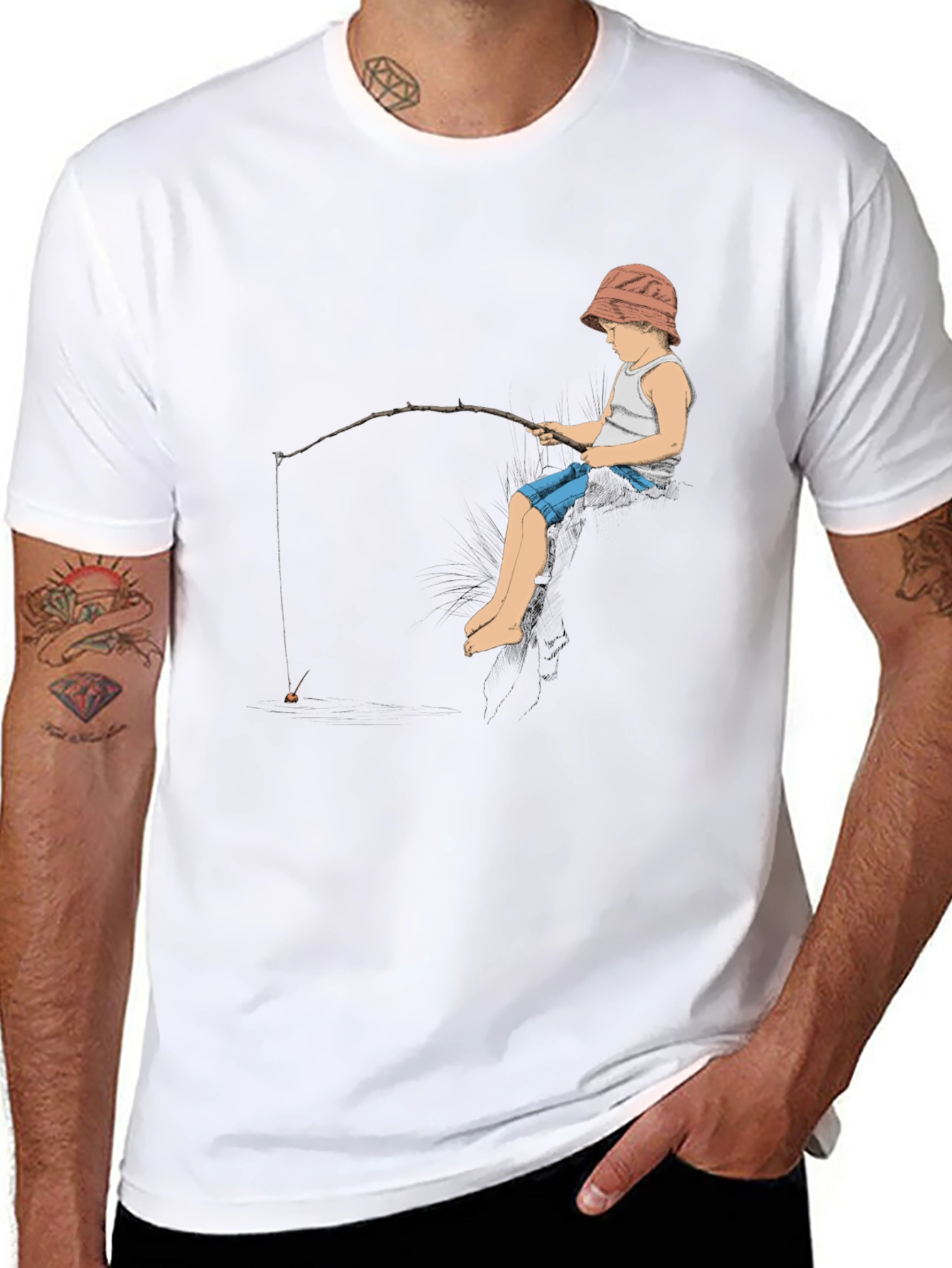 Boy Fishing Graphic Tee - Black Cotton T-Shirt