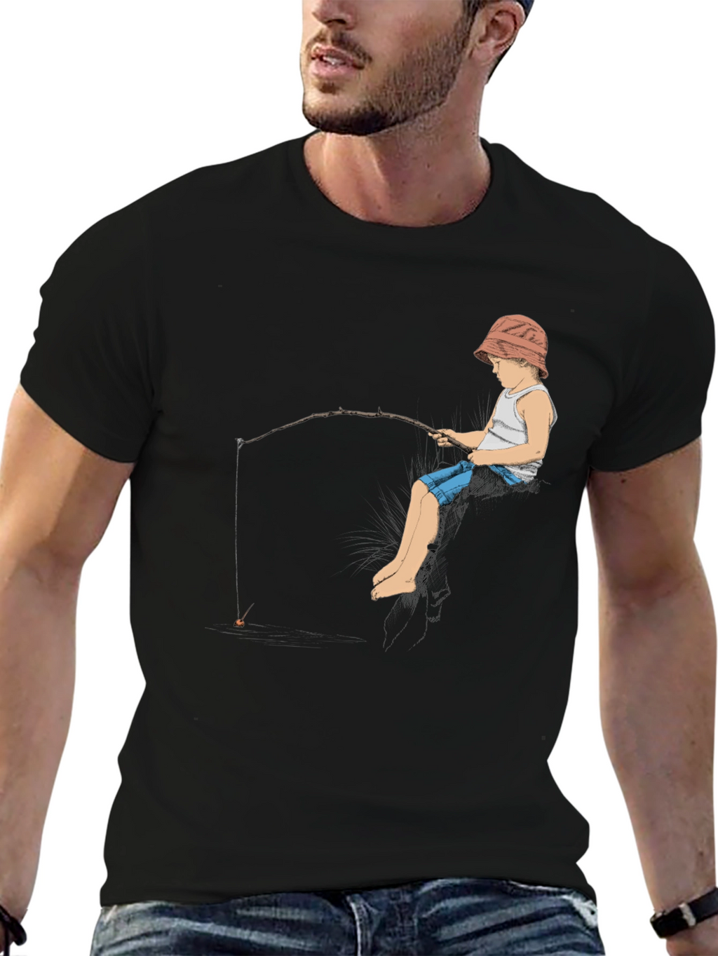 Boy Fishing Graphic Tee - Black Cotton T-Shirt