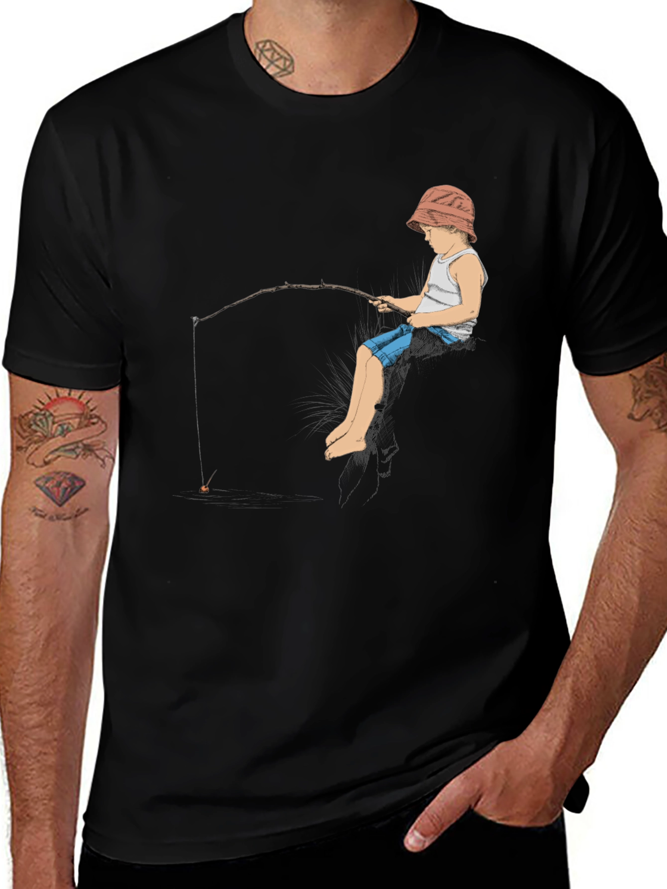 Boy Fishing Graphic Tee - Black Cotton T-Shirt