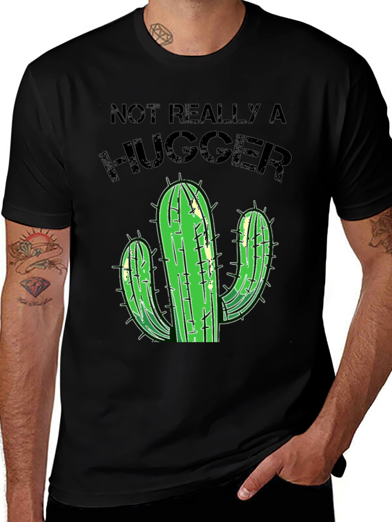 Not Really A Hugger Cactus T-Shirt - Black