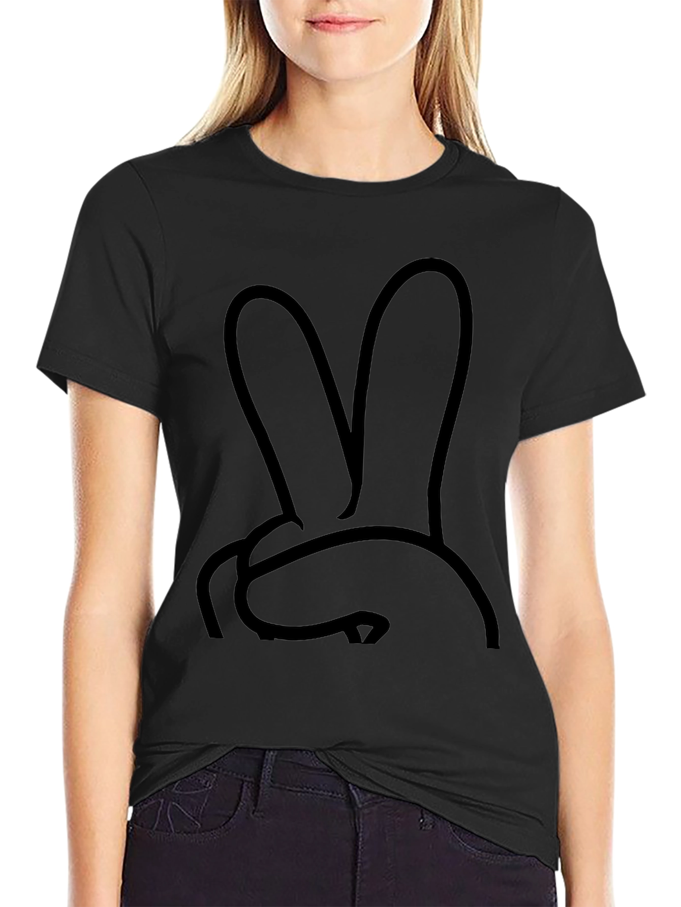 Black Bunny Peace Sign Graphic T-Shirt