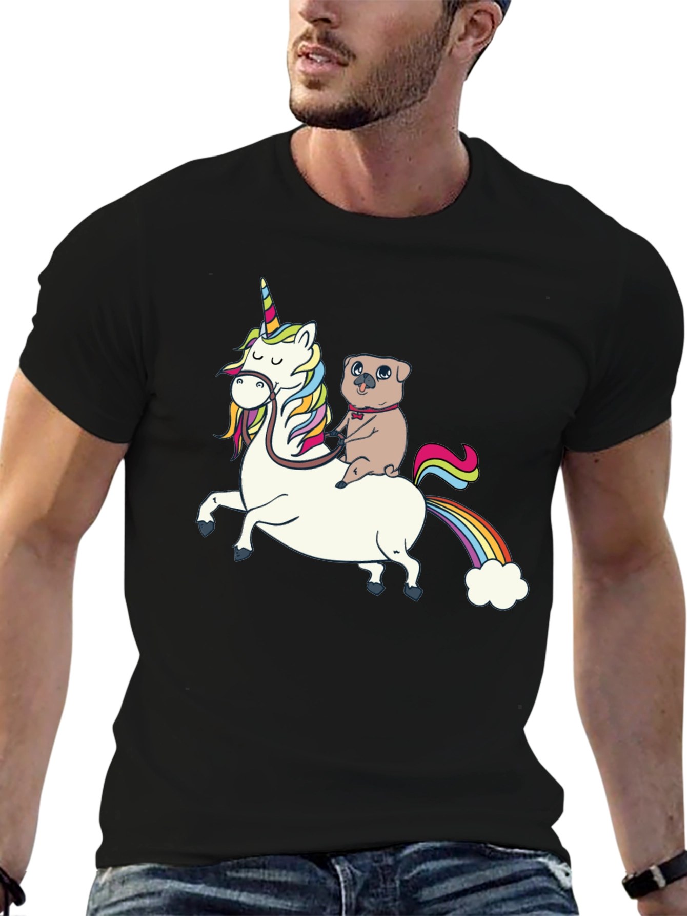 Pug Riding Unicorn Graphic T-Shirt