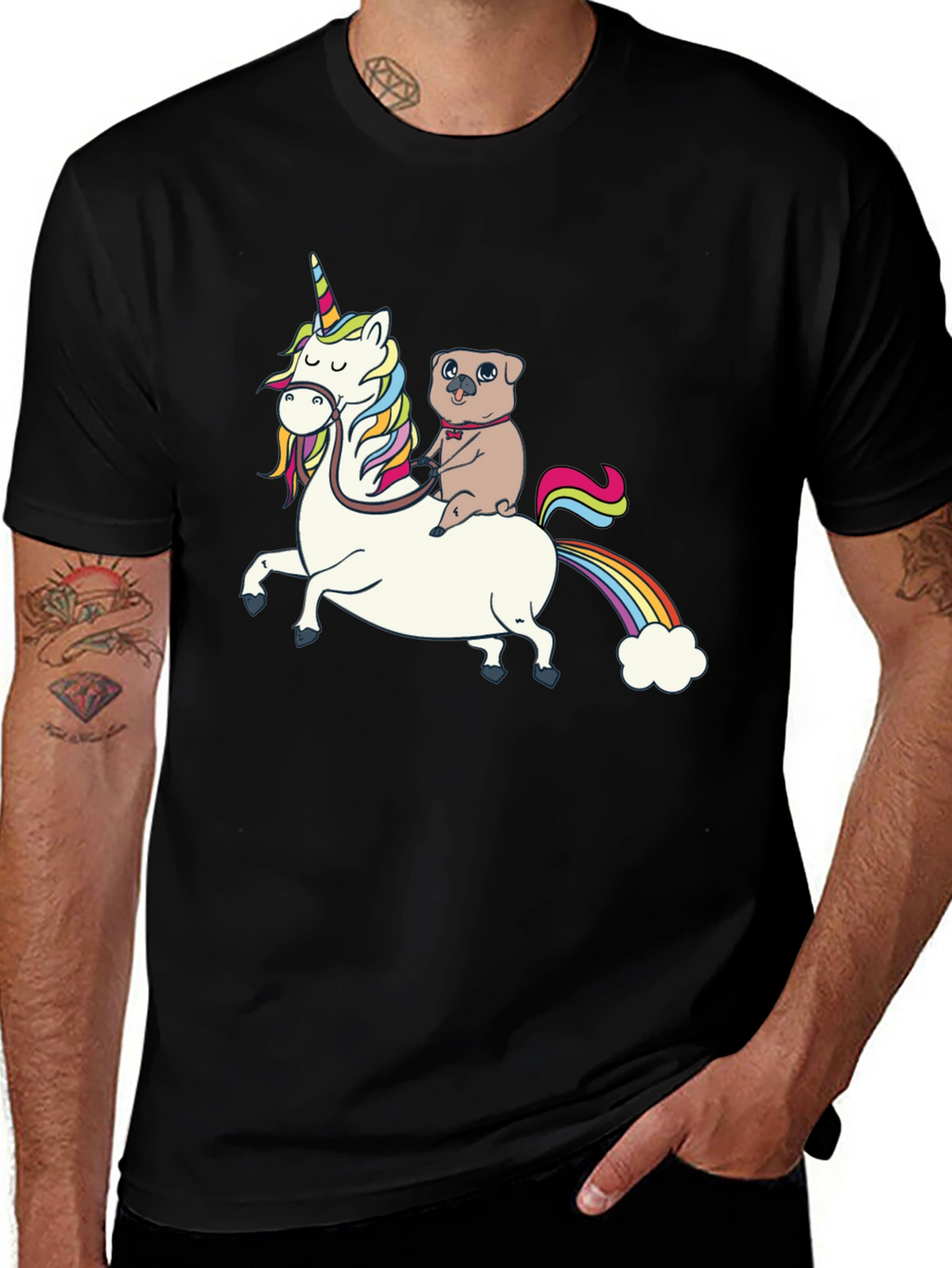 Pug Riding Unicorn Graphic T-Shirt