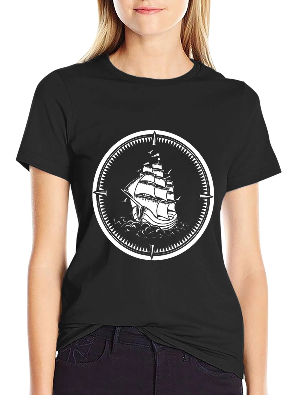 Nautical Sailboat Compass Graphic Black T-Shirt