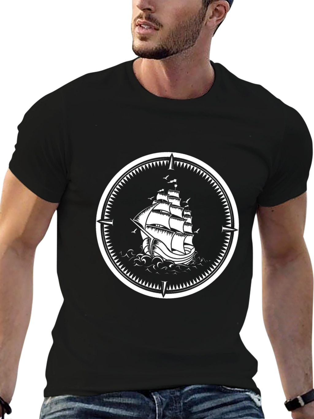 Nautical Sailboat Compass Graphic Black T-Shirt